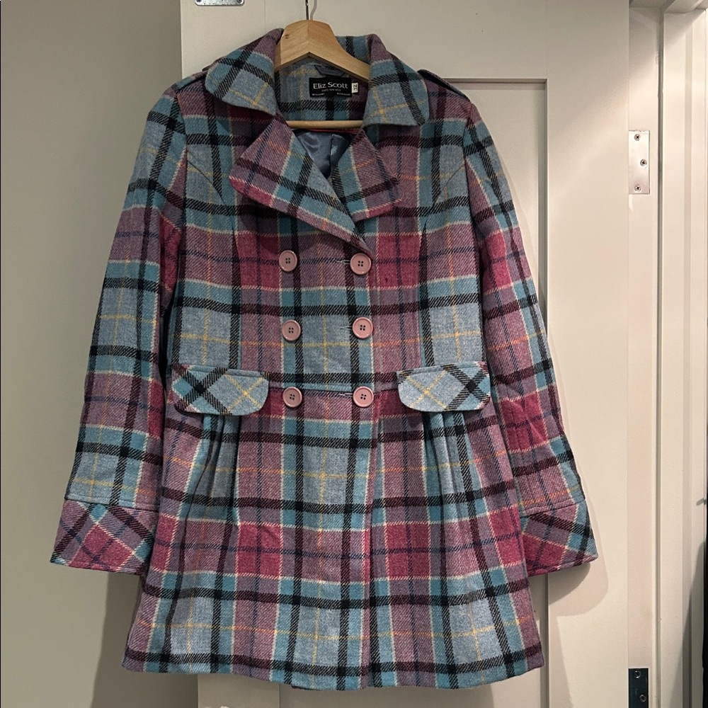 SPRING Forward - Women's Plaid Pea Coat - Pink and Blue